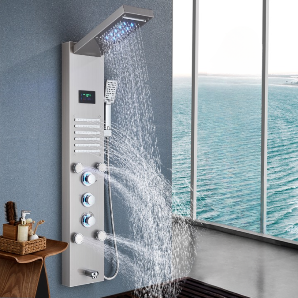 Stainless Steel LED Shower Panel with Rainfall and Waterfall Massage Jets