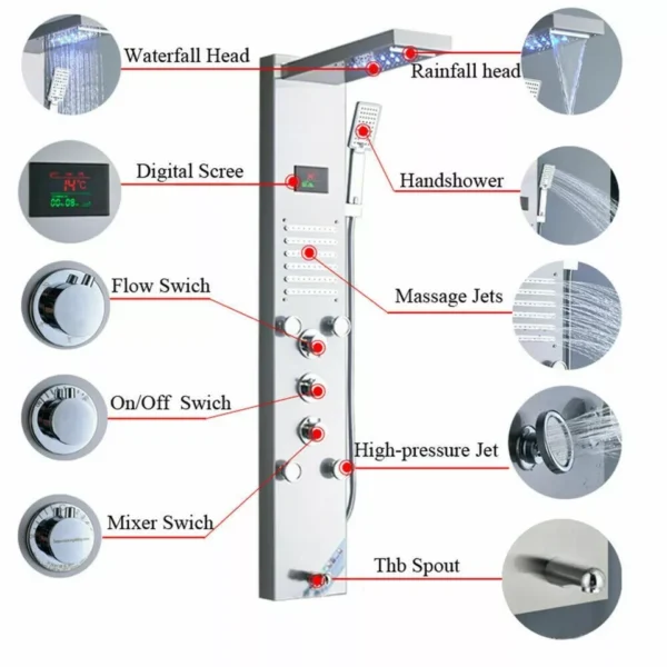 Stainless Steel LED Shower Panel with Rainfall and Waterfall Massage Jets - Image 2