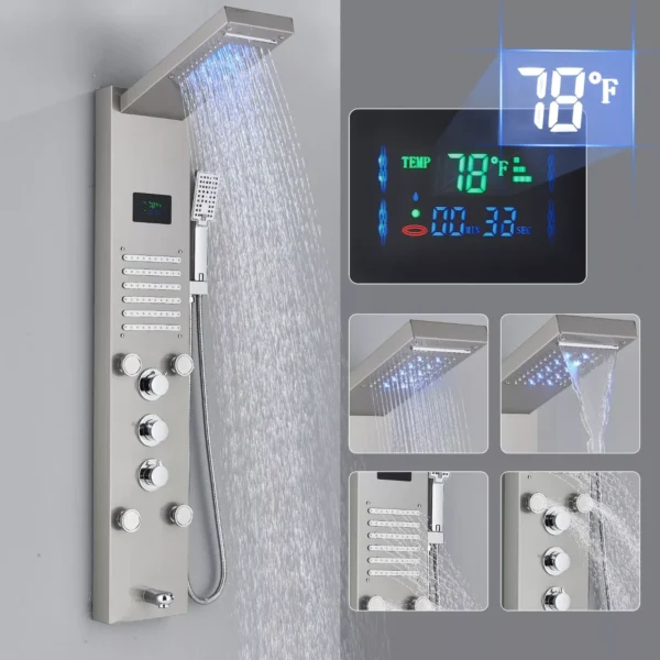 Stainless Steel LED Shower Panel with Rainfall and Waterfall Massage Jets - Image 6