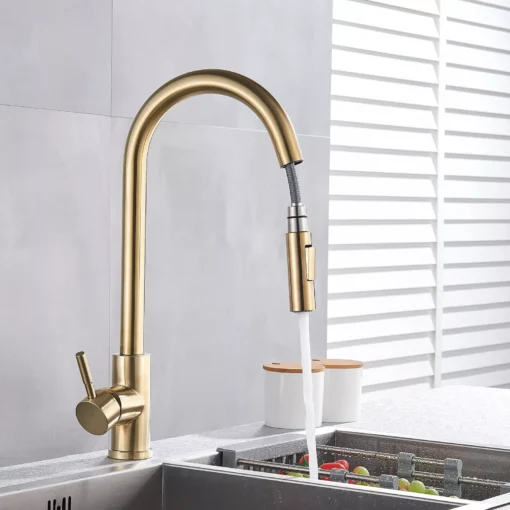 Brushed Gold Kitchen Sink Faucet with Pull-Down Sprayer - Image 2