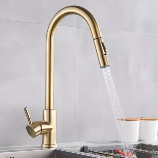 Brushed Gold Kitchen Sink Faucet with Pull-Down Sprayer