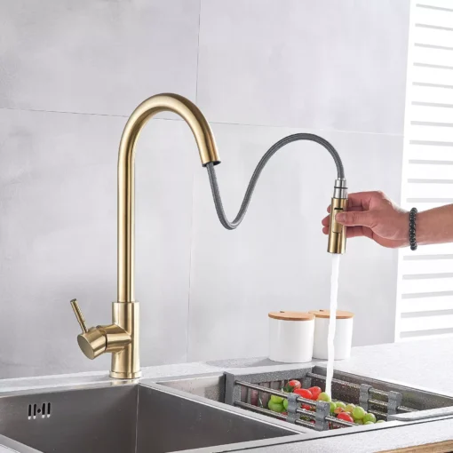 Brushed Gold Kitchen Sink Faucet with Pull-Down Sprayer - Image 3