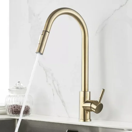 Brushed Gold Kitchen Sink Faucet with Pull-Down Sprayer - Image 5