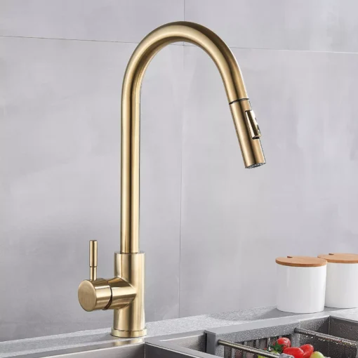 Brushed Gold Kitchen Sink Faucet with Pull-Down Sprayer - Image 6