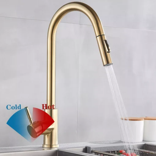 Brushed Gold Kitchen Sink Faucet with Pull-Down Sprayer - Image 10